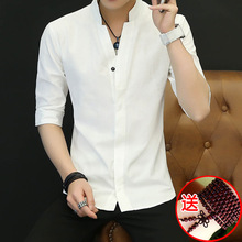 夏季亚麻中国风衬衫男短袖立领韩版中袖寸衫男士棉麻高级感白衬衣