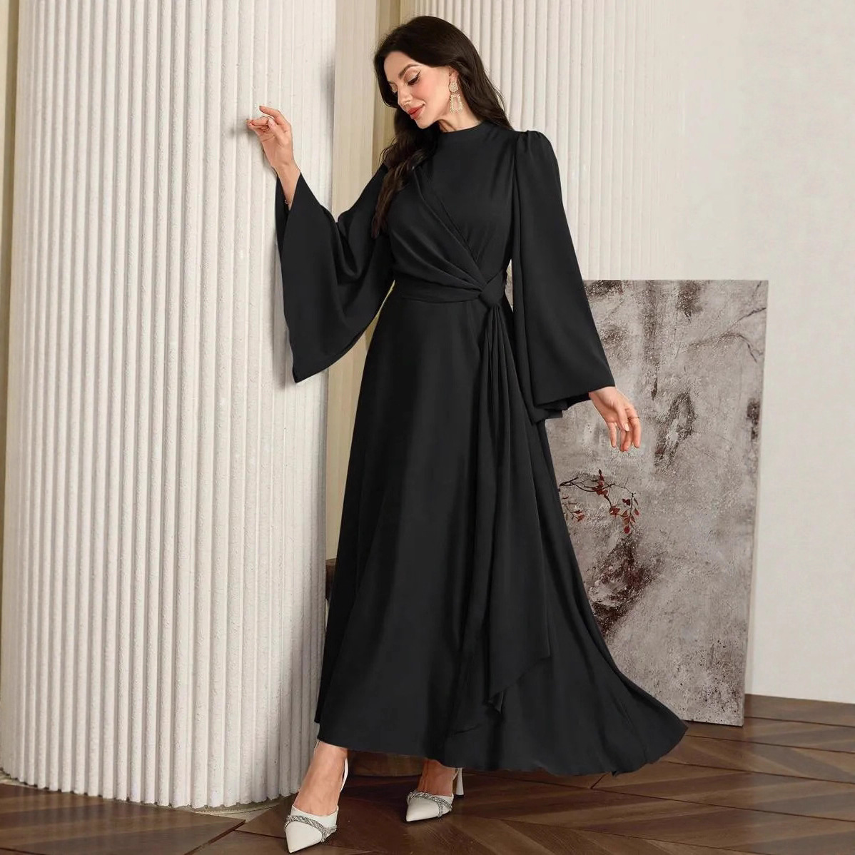 Women's Solid Color Long Sleeved Casual Maxi Dress Slim Fit Stand Collar Back Zipper New European American Style_ecoleips.com