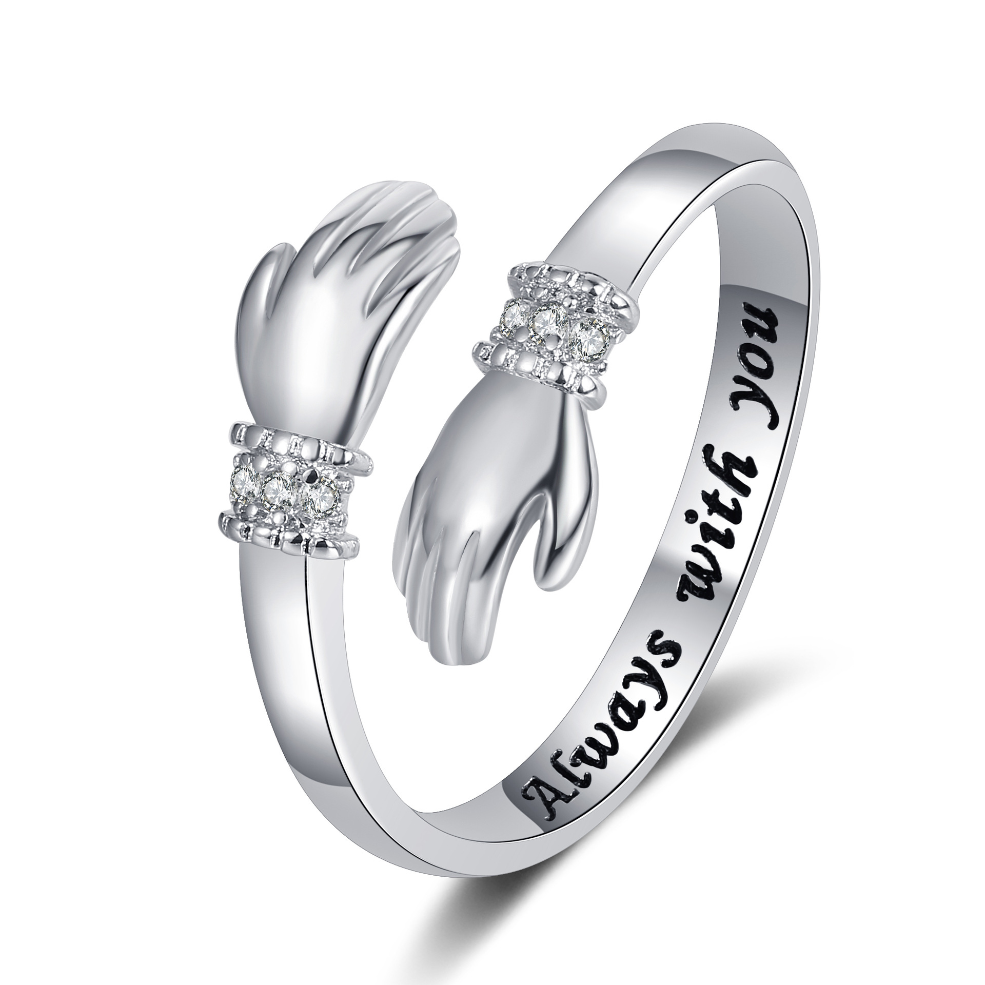 Europeo y americano creativo amor abrazo manos anillo de diamantes letras de las mujeres apertura anillo ajustable regalo de corazón