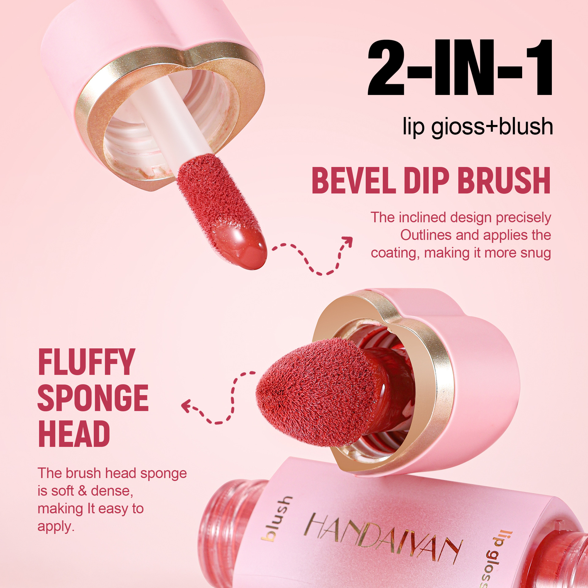 Blush transfronterizo, Handaiyan, blush líquido mate duradero, blush de doble cabeza, fácil de colorear, blush de doble uso.