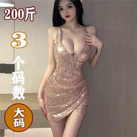 夜妤大码跨境性感亮片V领吊带交叉不规则露背夜店低胸晚礼服代发