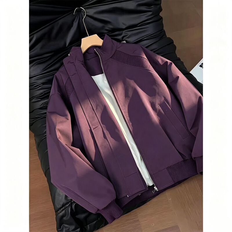 Purple stand-up collar bomber jacket for men, spring and autumn cleanfit short coat, American style baseball jacket, stylish and trendy Purple stand-up collar bomber jacket for men, spring and autumn cleanfit short coat, American style baseball jacket, stylish and trendy