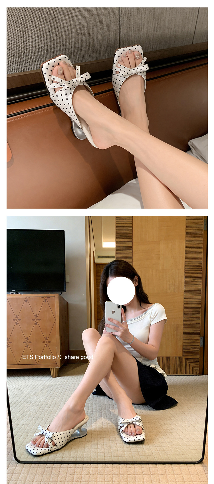 Sandal cao gót nữ mũi vuông hở ngón, đế xuồng chấm bi nơ bướm, gót 6 cm — màu đen, màu trắng ngà, màu mơ chi tiết 29
