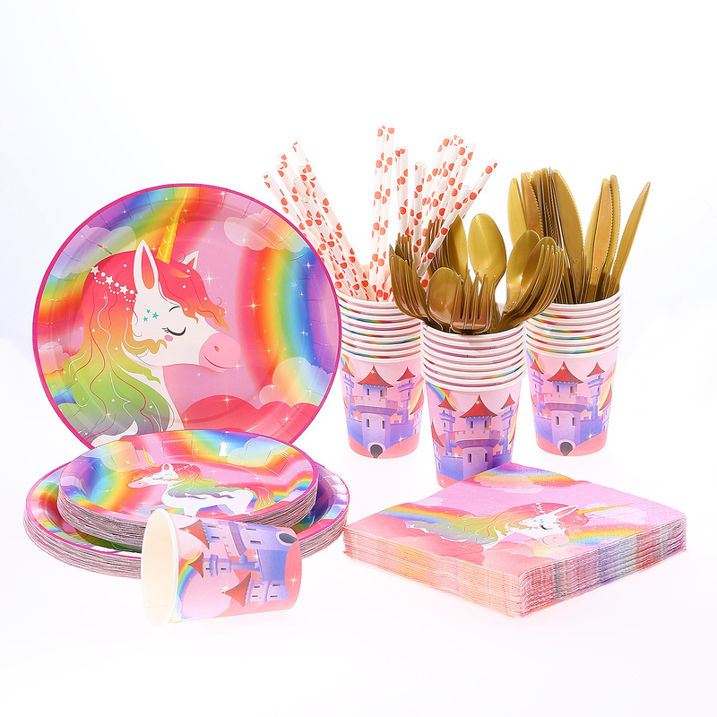 Spot Unicorn Theme Party Tableware Set Disposable Paper Plate Purple Castle Paper Cup Tissue Knife Fork Spoon