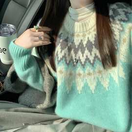 韩系费尔岛毛衣女秋冬季慵懒感圆领套头针织衫宽松超好看上衣
