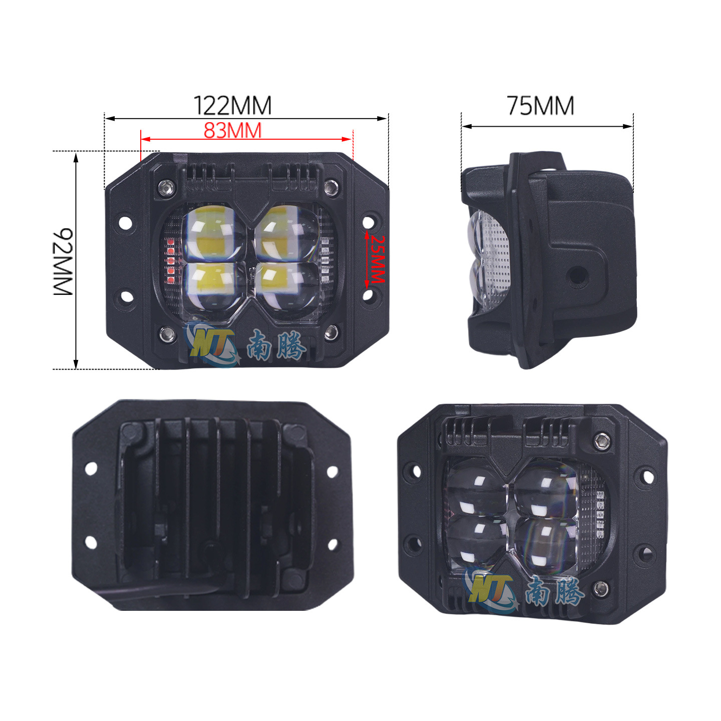 Lámpara de niebla luminosa de tres lados incrustada de barra delantera de automóvil Spotlight de vehículo todoterreno Lámpara de modificación LED Lámpara de marcha atrás Lámpara de explosión parpadeante amarillo y blanco