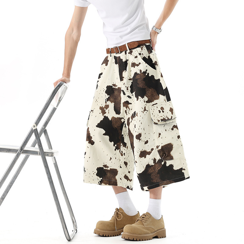 American Retro Distressed Cow Print Camouflage Workwear Cropped Pants for Men 2026 Casual Versatile Wide-Leg Shorts for Men American Retro Distressed Cow Print Camouflage Workwear Cropped Pants for Men 2026 Casual Versatile Wide-Leg Shorts for Men