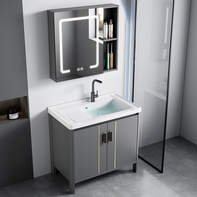gabinete de baño de aluminio espacial combinado lavabo tablero de lavado de cerámica de lujo lavabo tipo piso baño