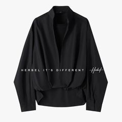 HERBEL/黑白V领假两件长袖衬衫秋季新款纯色前短后长衬衣
