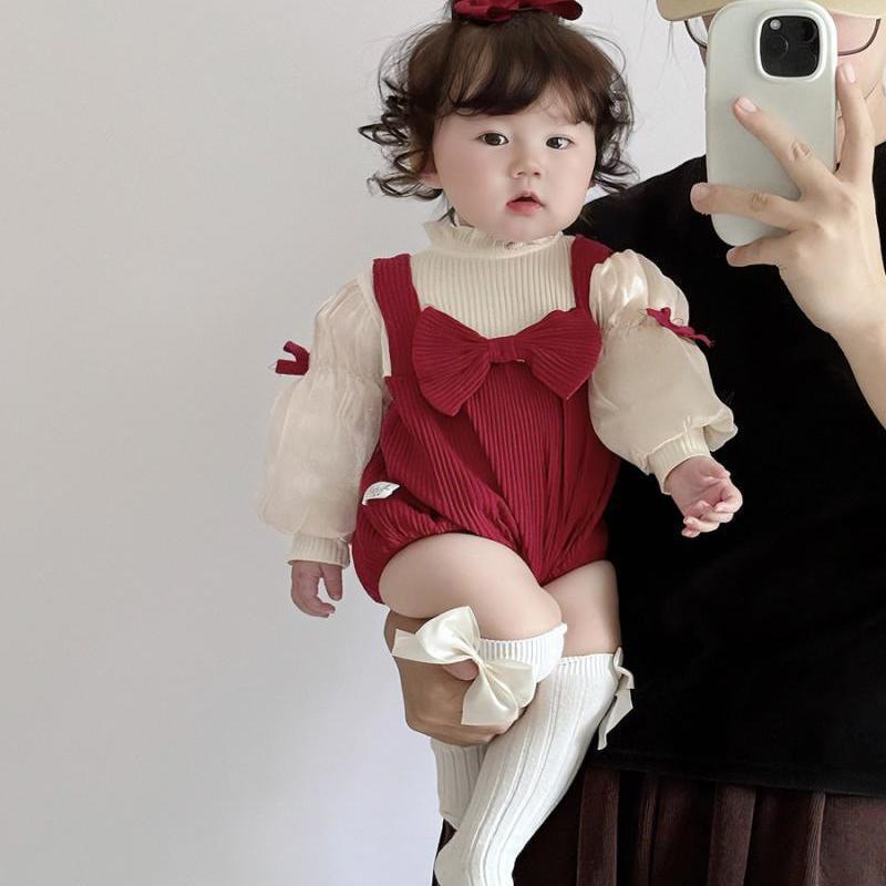 ベビー服、秋服、女性用リボンパフスリーブ、フェイクツーピースカバーオール、新生児満月百日ジャンプスーツ|undefined