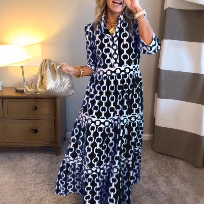 2025 Hot-Selling In-Stock Cross-Border European and American Amazon Spring/Summer Geometric Print Round-Neck Long Dress
