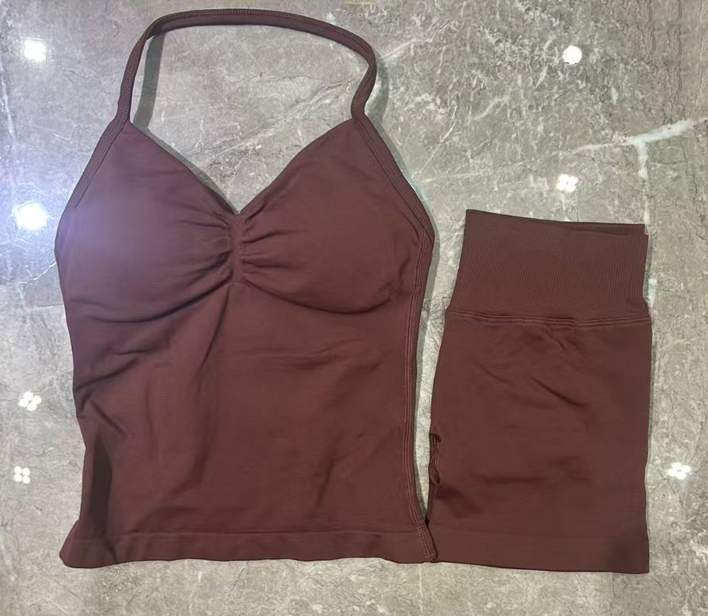 Conjunto DF Amazon pantalones cortos explosivos sujetador pequeño alto elástico superfino nailon halter cuello hermoso chaleco deportivo trasero