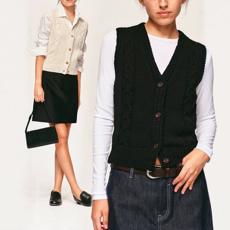 Elegant wool V-neck cable knit vest cardigan, slim fit, stylish and flattering, suitable for layering, women's top Elegant wool V-neck cable knit vest cardigan, slim fit, stylish and flattering, suitable for layering, women's top