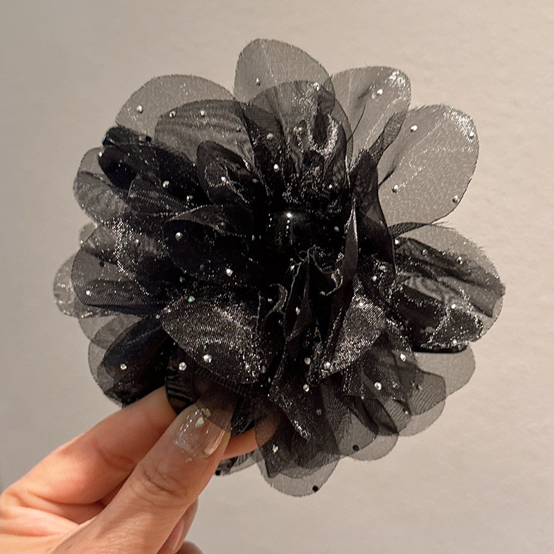 Черная заколка-крабик, в цветочек, 13см