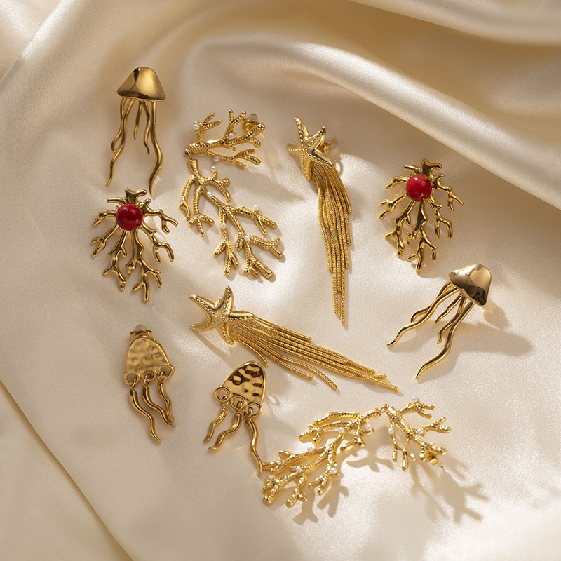 304 Stainless Steel Ear Needle Material PVD Coated Real Gold Plated Jellyfish Starfish 304 Stainless Steel Vintage Style Waterproof Non Tarnish Drop Earrings Ear Studs