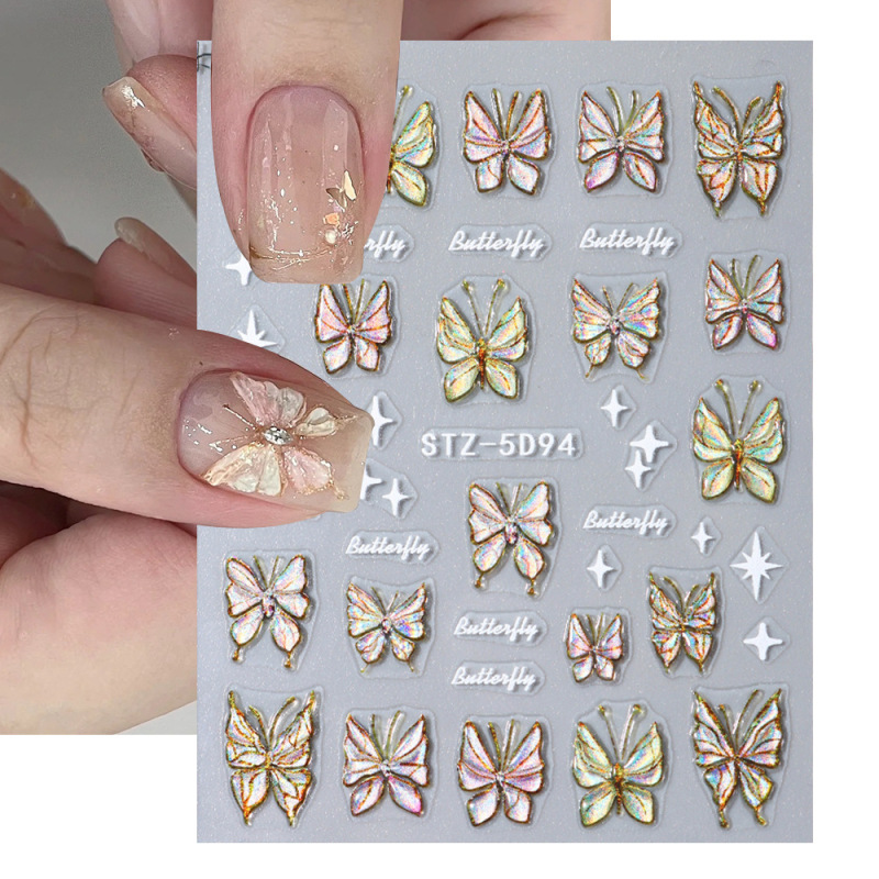 国境を越えた新しいレリーフネイルシール5D立体ピンク黄色蝶バックゴム爪貼り卸売りnail|undefined