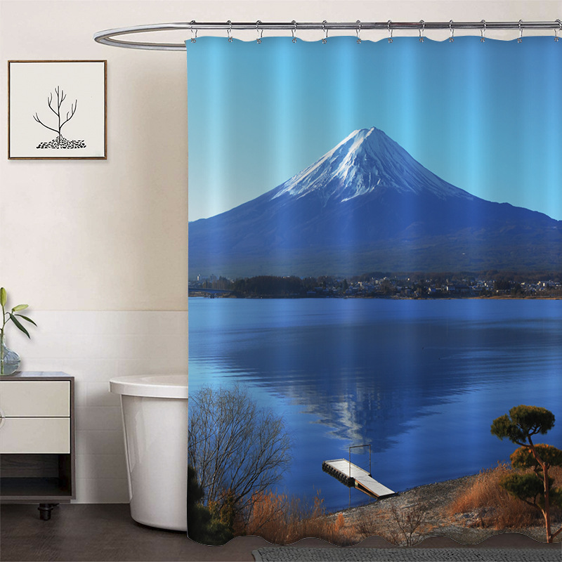 Cortina de ducha de poliéster impresa con hebilla de cortina de ducha de plástico baño cuarto de baño cortina de partición impermeable a prueba de moho