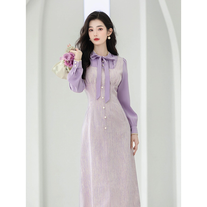 French lavender elegant women's clothing design gentle Chanel style fake two-piece purple commuter Hong Kong style dress