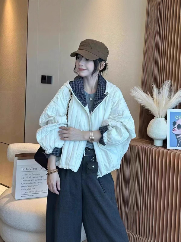 欧货撞色薄款连帽棉衣短外套女2025秋季新款宽松休闲棉服夹克上衣|undefined