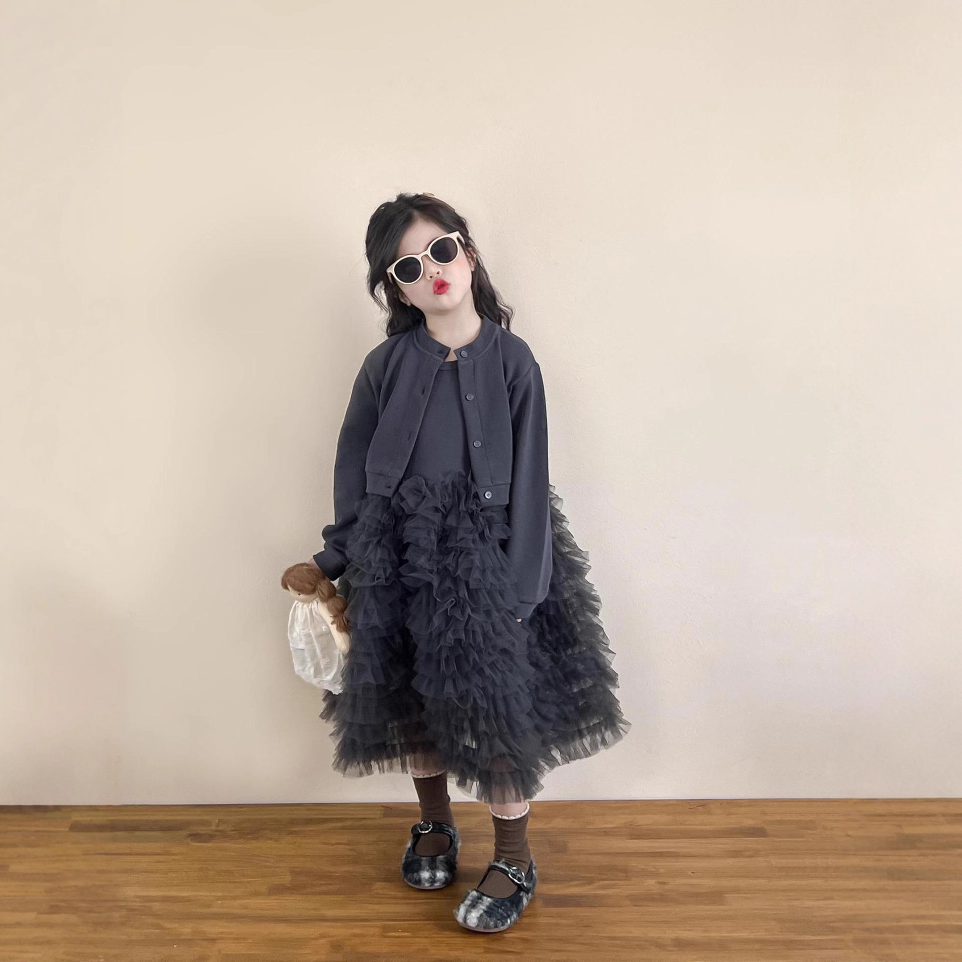 Girls' Autumn Elegant and High-End Princess Birthday Dress Gray Fluffy Cake Mesh Dress Cardigan Two-Piece Set