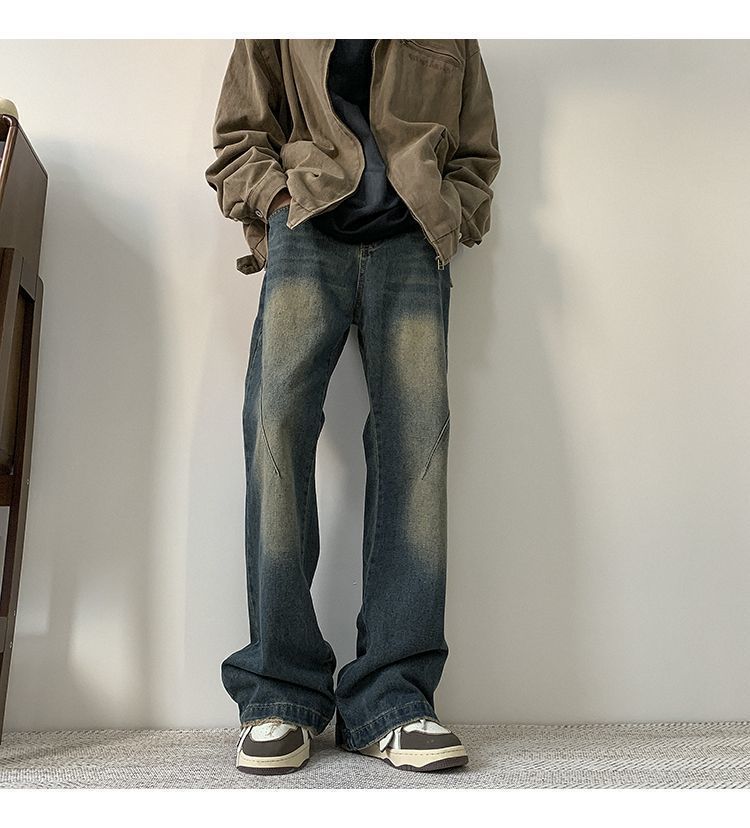 Men's High Street Cleanfit Vintage Washed Denim Jeans - Relaxed Fit Straight Leg Trousers For Casual Wear​_mkmklike.com