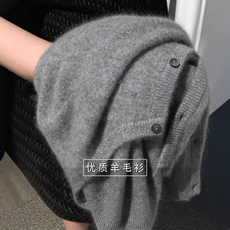 100% Wool Cardigan for Women, Round Neck, Loose-Fitting Knit Sweater, Outerwear, Slimming Top for Layering