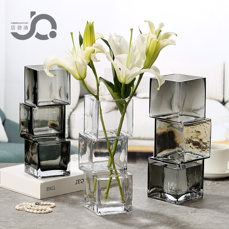 現代簡約創意錯位不規則方塊冰塊玻璃花瓶藕節插花鮮花百合玫瑰