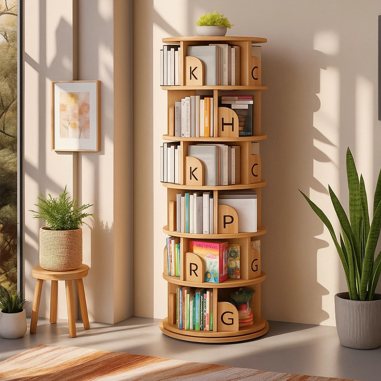 Solid Wood Rotating Bookshelf Floor-Standing Storage Rack Living Room 360-Degree Storage Cabinet Vertical Student Picture Book Rack Corner Bookcase