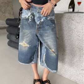 正确版原标现货AC家26印花染色做旧牛仔七分短裤男女同款宽松百搭