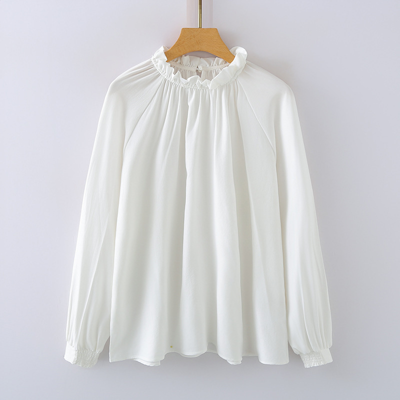 Siqi Women's Clothing 2511/06 Ruffled Lace Collar White Shirt French Simple Loose Fit Raglan Sleeve Top for Women