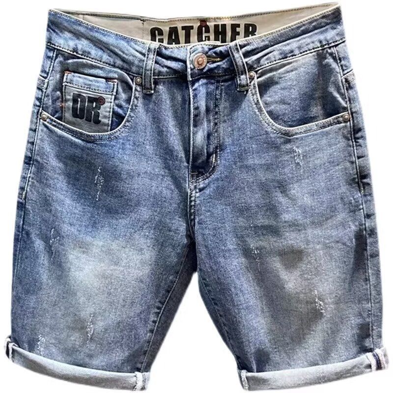Slim-Fit-Denim-Shorts für Herren, hochwertiger Retro-Print im Washed-Style, Stretch, Fünf-Punkt-Länge, trendige Sommer-Freizeitshorts_voghion.com