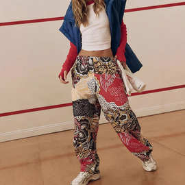 欧美豹纹休闲裤亚马逊个性印花辣妹直筒长裤新款美式街头外贸裤子
