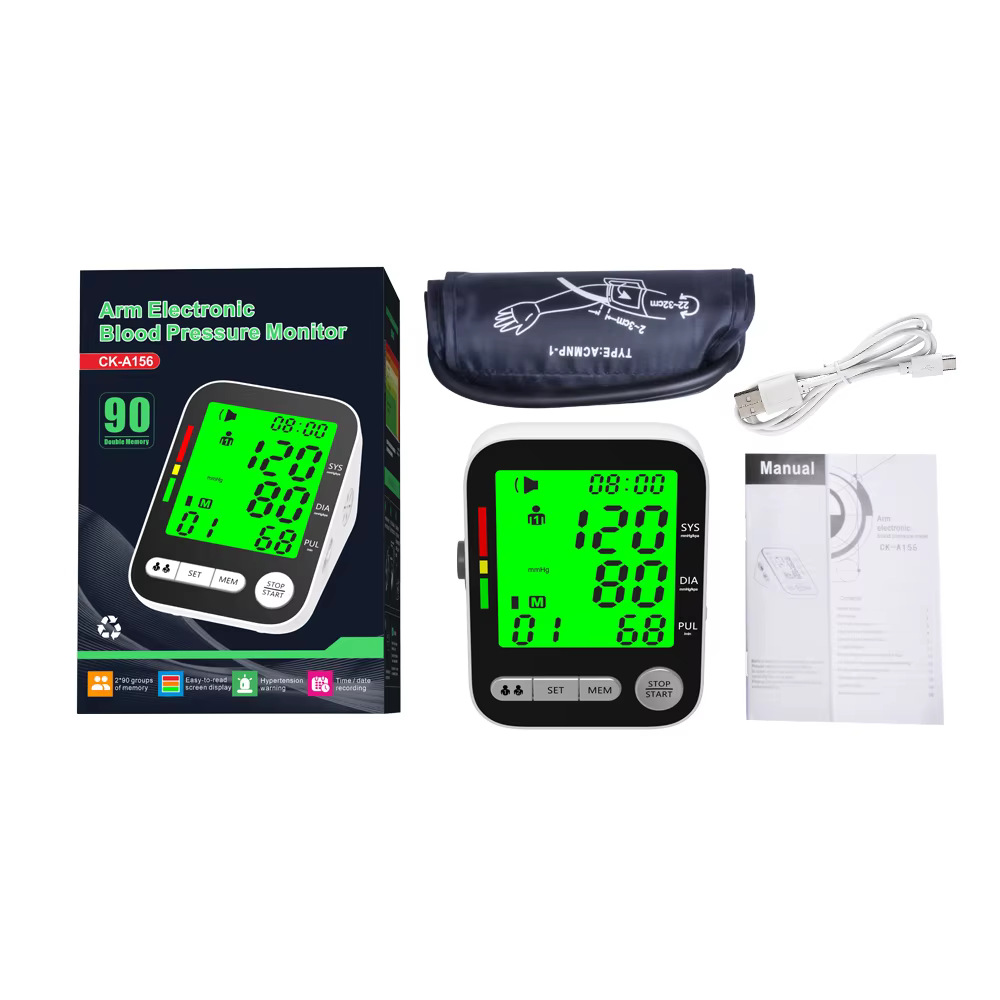 Exportación transfronteriza LCD retroiluminación blanca mostrador de presión inteligente de brazo esfigmomanómetro multifuncional de sangre electrónica doméstica