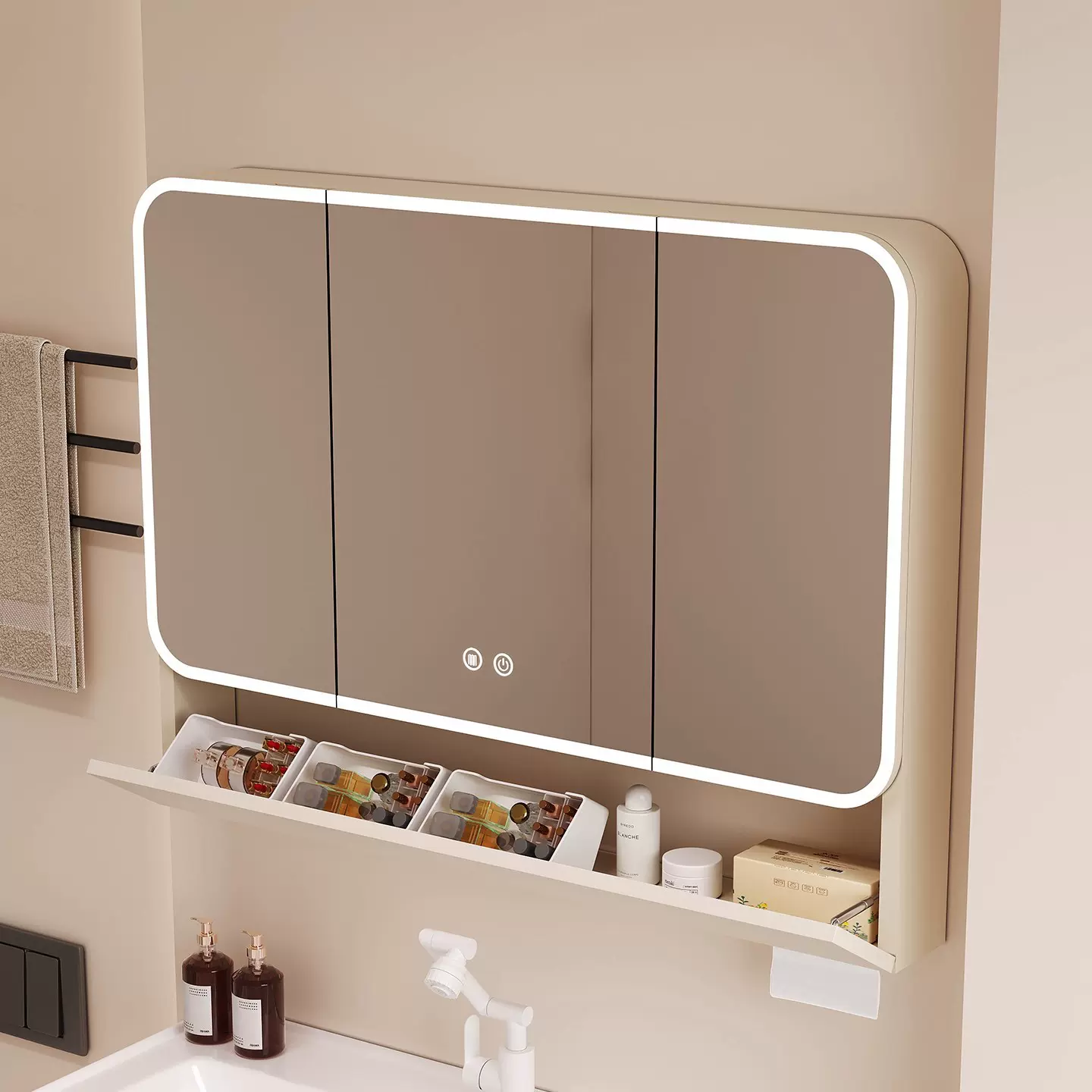 太空铝圆弧形浴室镜柜智能收纳储物柜卫生间挂墙式带梳妆镜抽纸孔