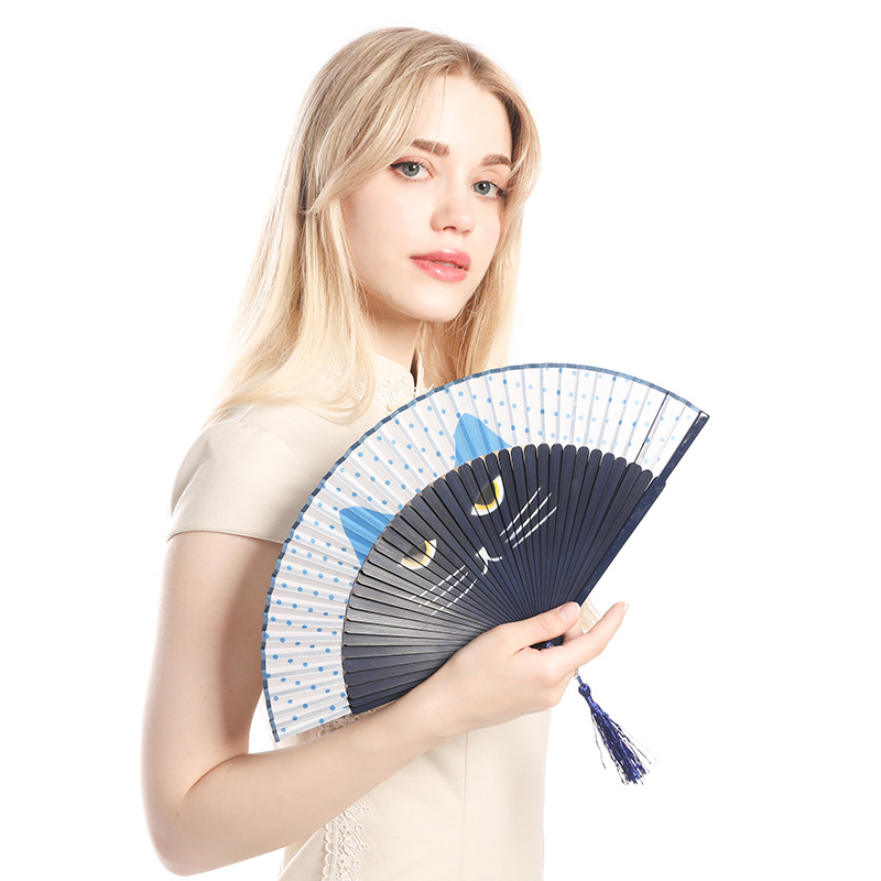 夏日式烤漆和風動漫摺扇手繪貓咪竹扇卡通兒童扇便攜摺疊扇子