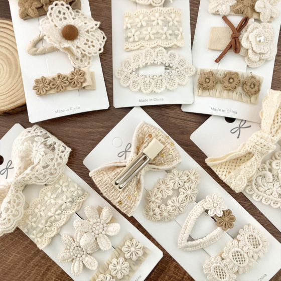 New Korean style milk coffee fabric lace hairpin 4 pack baby hairpin bow hair accessories cute flower headdress