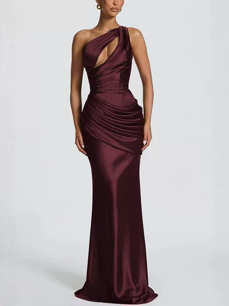 Independent Brand European and American Women's Fashion Satin One-Shoulder Fashion Hollow-Out Pleated Waist-Tie Bodycon Fishtail Dress 8247