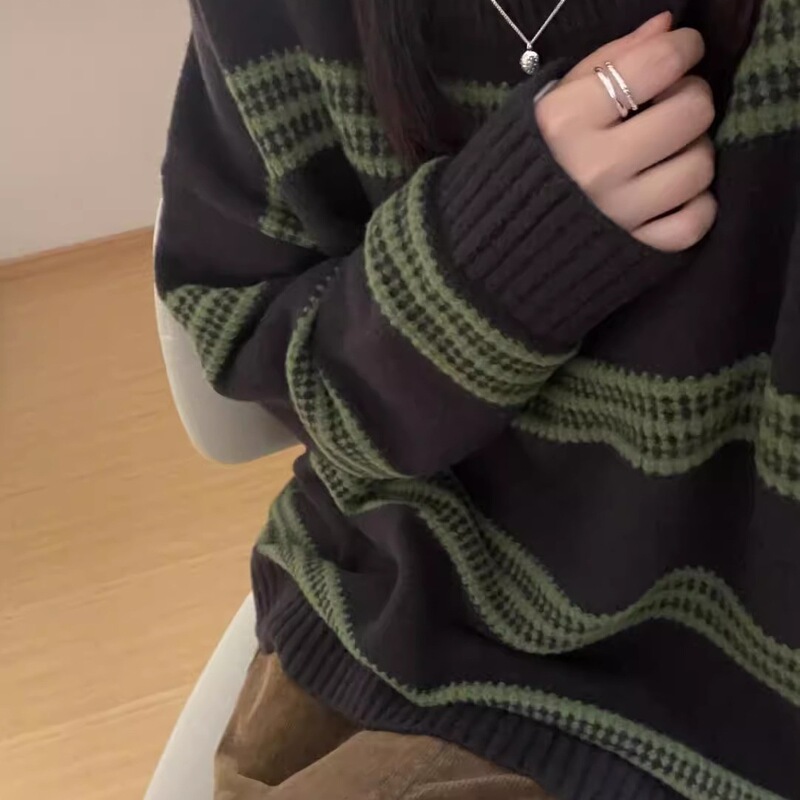 Korean Black Green Striped Round Neck Pullover Sweater for Women Autumn and Winter Soft and Waxy Loose Style Lazy Style Knitted Top Korean Black Green Striped Round Neck Pullover Sweater for Women Autumn and Winter Soft and Waxy Loose Style Lazy Style Knitted Top