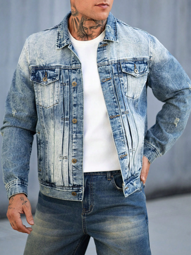 Men's Heavy Duty Denim Jacket Trendy Pleated Gradient Outerwear_voghion.com