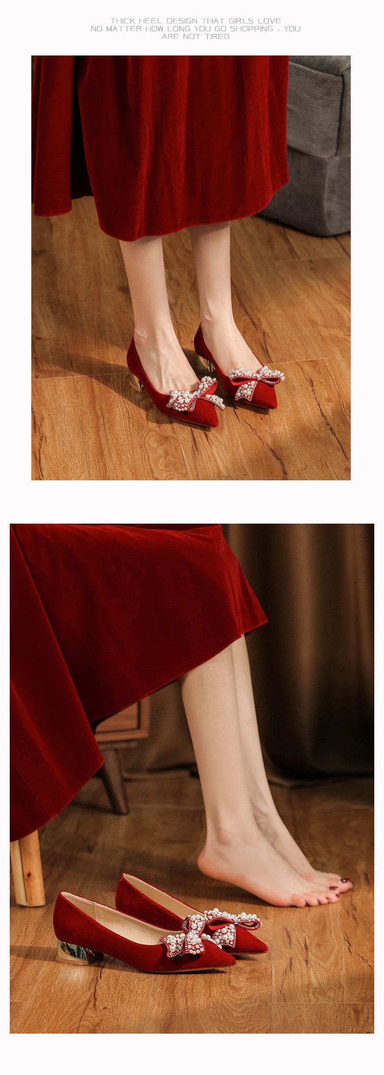 3333H-017 Chunky Heel Suède Rode Hoge Hakken Met Strik Voor Banket Bruiloft Comfortabele En Gemakkelijk Te Dragen Damesschoenen_voghion.com