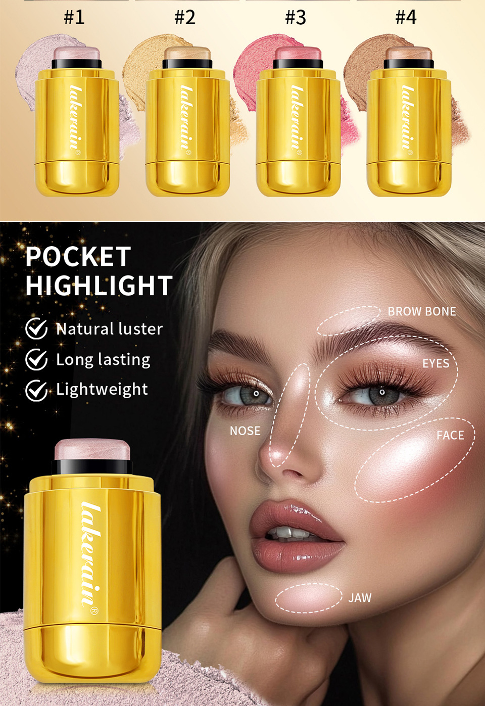 Cross-border lakerain Rotating Highlight Stick Natural three-dimensional facial contouring stick Specification drawing
