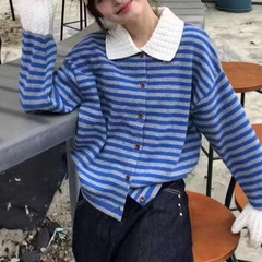 2025秋季新款复古撞色条纹女式毛衣休闲Polo领针织开衫上衣百搭款