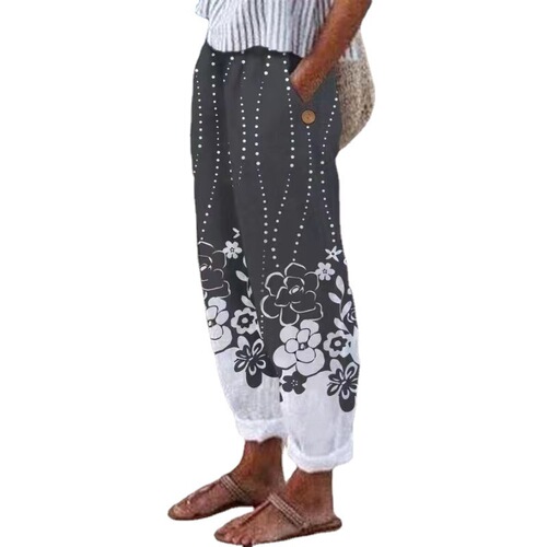 Autumnwish European and American Sweet Fresh-style Printed Cotton-Linen Elastic-Drawstring Casual Pants