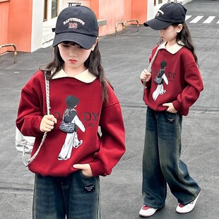 2025 Spring and Autumn Children's Fashion Trendy Loose Casual Sweatshirt Girl's Cartoon Printed Lapel Pullover Long Sleeve Top