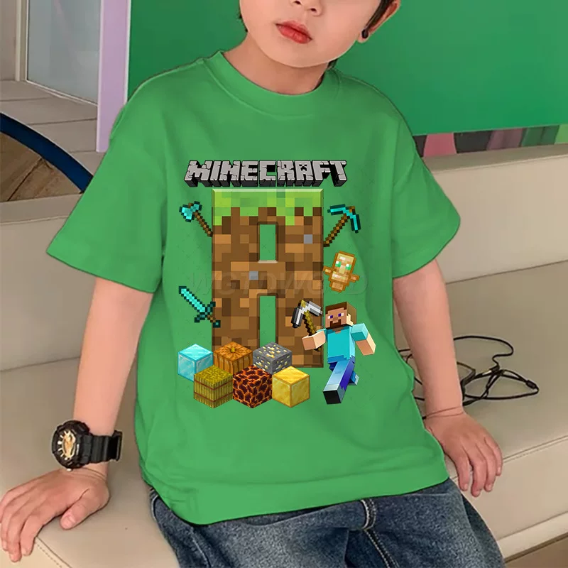 Игра MINECRAFT периферия 26 букв печать на модной коротким рукавом футболка свободного кроя для детей иностранная торговля casual