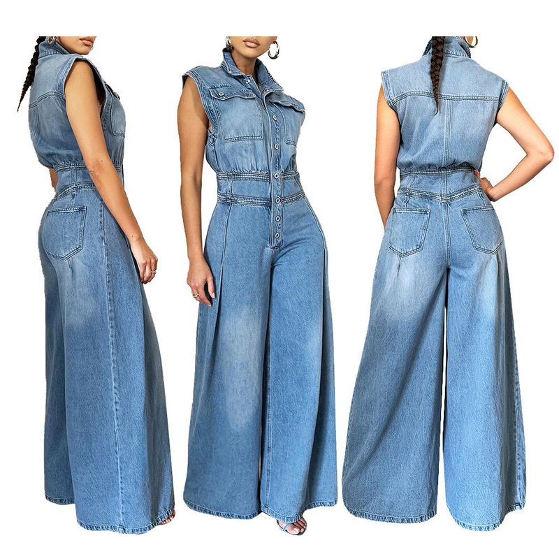 88680 cross-border source women's new casual washed sleeveless Denim one-legged pants