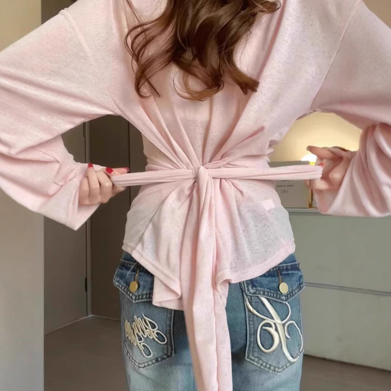 2026 New Summer Thin Pink Ice Silk Beach Tie-Up Sun Protection Cover-Up for Women, Cool and Slightly Sheer Sweet Spicy Girl T-Shirt