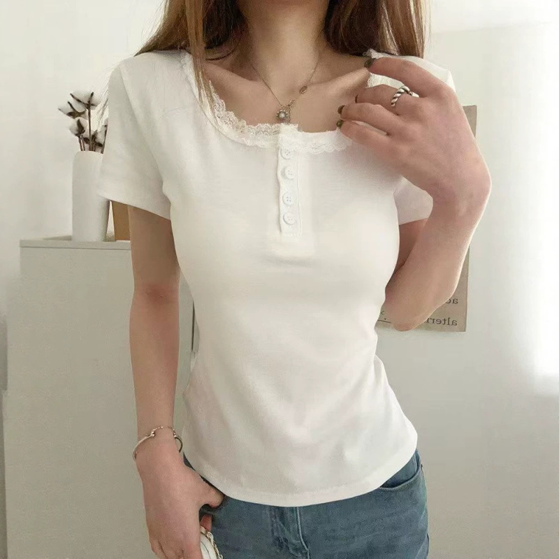 Pure Desire Lace Trim Half-Open Collar Short Sleeve T-Shirt for Women 2026 Summer New Slim Fit Hot Girl Niche Top Pure Desire Lace Trim Half-Open Collar Short Sleeve T-Shirt for Women 2026 Summer New Slim Fit Hot Girl Niche Top