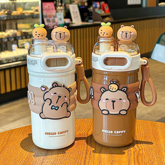 漫画かわいいカピバラメガネダブルドリンクカップ魔法瓶カップ 316 ステンレス鋼ポータブルロックドリンクカップ子供のための