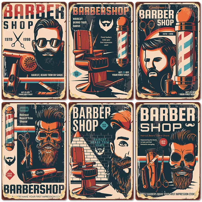 2024新款 barbershop海报复古铁皮画 理发店背景墙壁无框装饰挂画